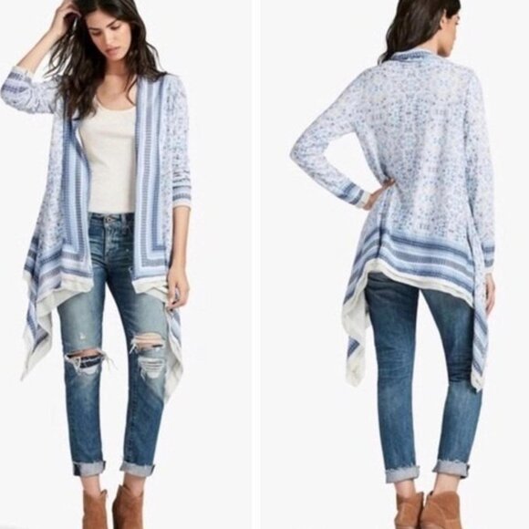 Lucky Brand Blue White Grey Open Front Floral Cardigan Size Small - Picture 1 of 7